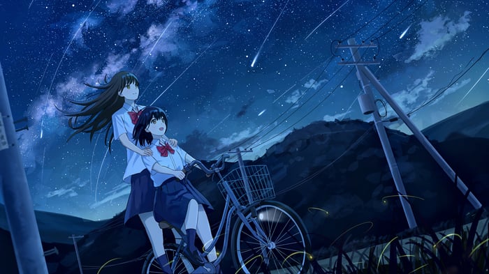 Anime Girls Watching Shooting Stars on a Bike at Night 4K