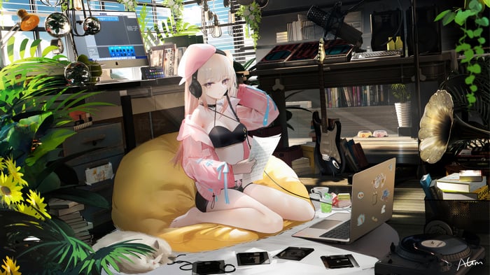 Anime Girl with Headphones in a Room