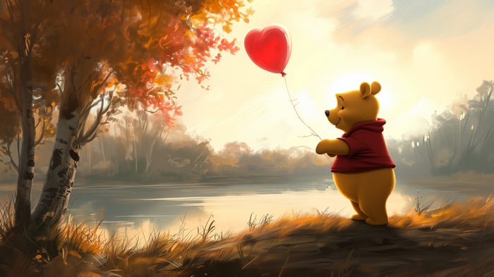 Winnie the Pooh with a Heart Balloon in Autumn