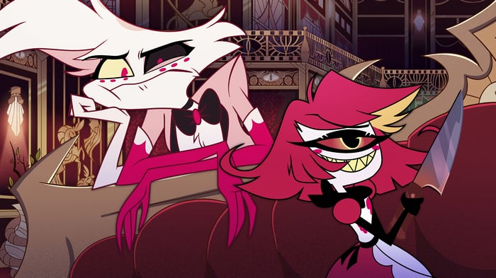Hazbin Hotel: Angel Dust and Niffty with a knife