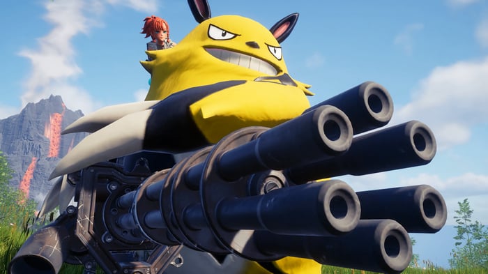 Palworld: A yellow creature with a minigun and a rider