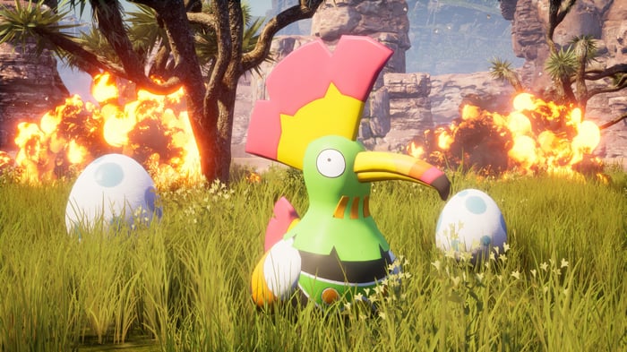 Palworld 4K: A Pokemon-like creature and eggs near an explosion