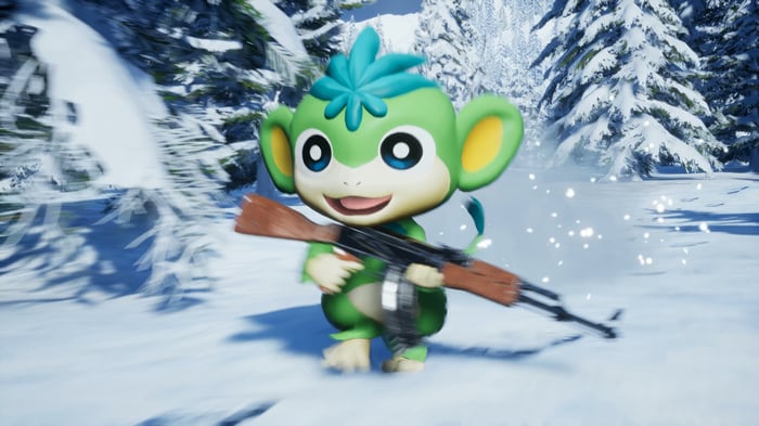 Palworld monkey holding a gun in the snow