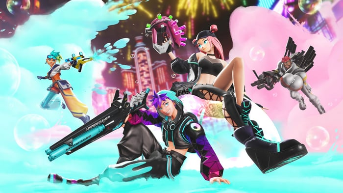 Foamstars characters with water guns in a city at night