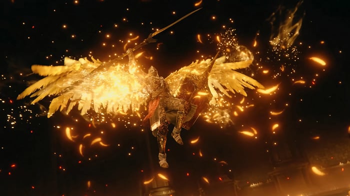 Elden Ring 4K: Winged Warrior with Fiery Wings