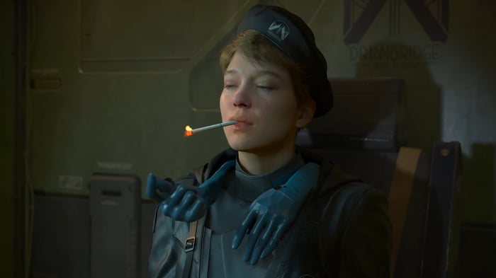 Fragile from Death Stranding 2 smoking a cigarette