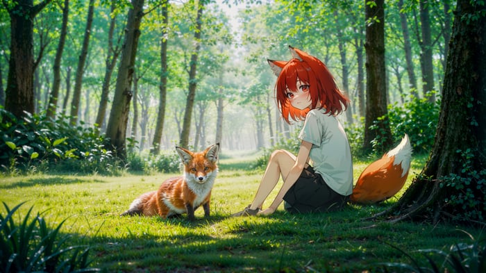 Anime Girl and Fox in Forest 4K