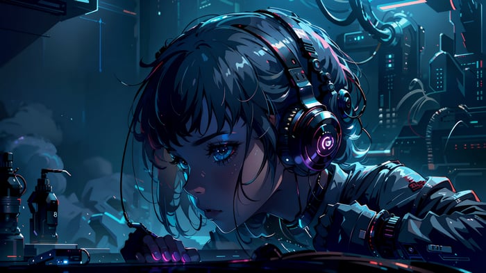 Anime Girl DJ in Futuristic Cyberpunk Setting 4K