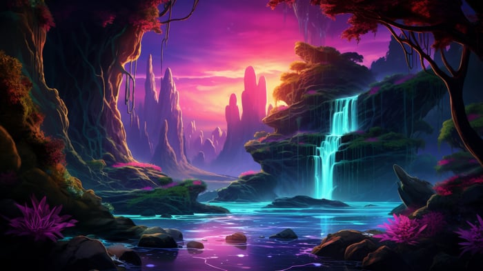 Fantasy Waterfall Scenery at Sunset 4K