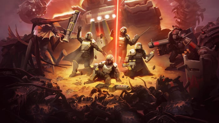 Helldivers 2 soldiers fighting alien bugs