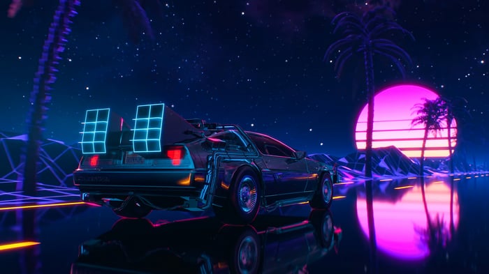 DeLorean time machine on a road at sunset
