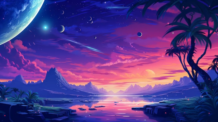 Alien Sunset Over a Mountain Lake with Palm Trees 4K