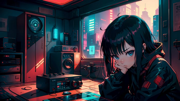 Sci-Fi Anime Girl in a Cyberpunk Room