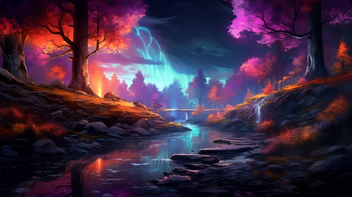 Digital Art of a River in a Colorful Forest