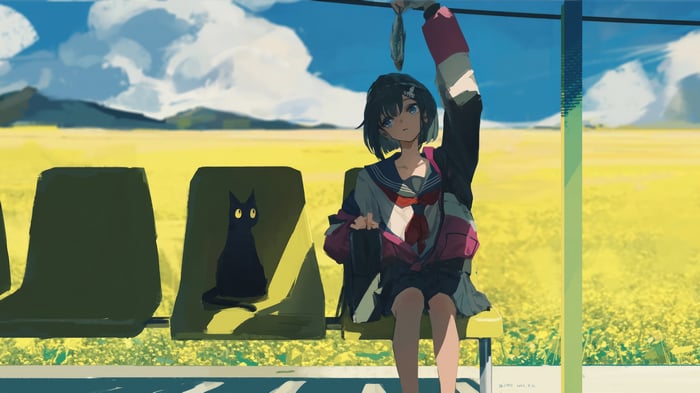 Anime Girl and Black Cat at a Bus Stop