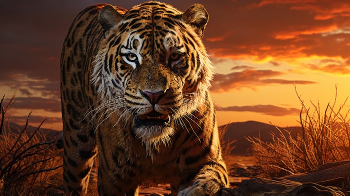 Tiger walking at sunset