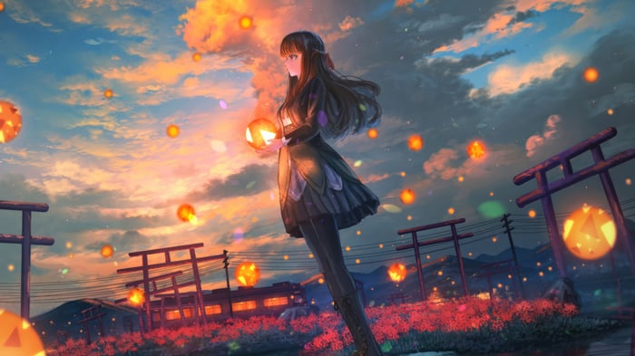 Anime girl holding lantern at sunset with torii gates
