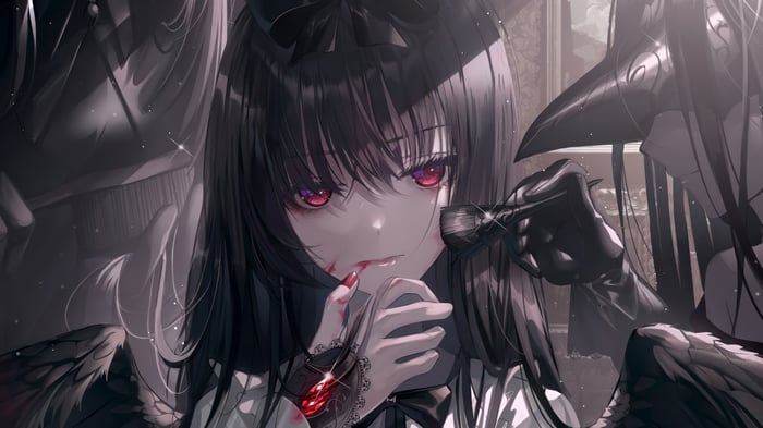 Anime Girl with Red Eyes and Black Wings