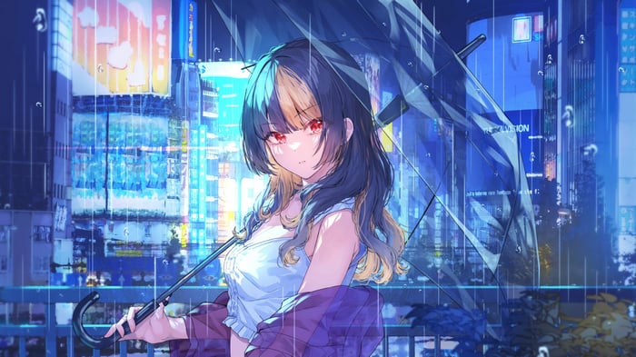 Anime Girl with Umbrella in the Rain 4K