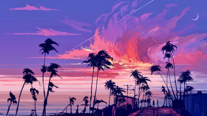 Sunset with Palm Trees and Crescent Moon 4K