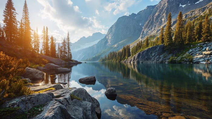 Lake and Mountains with Trees and Sunlight 4K