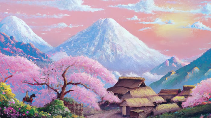 Cherry Blossom Scenery with Snowy Mountains and Village