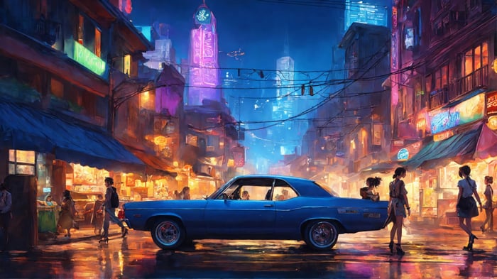 Blue Car on a Rainy Street at Night in a Cyberpunk City 4K