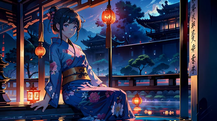 Anime Girl in Kimono by Lanterns 4K