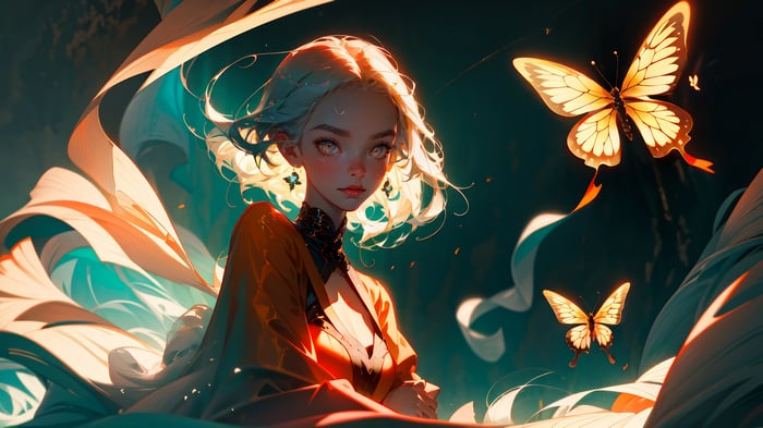 Anime Girl with Butterflies in Fantasy 4K