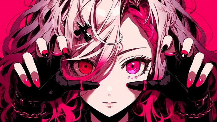 Anime Girl with Pink and White Hair and Red Eyes