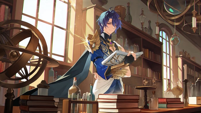 Dr. Ratio in a study with books and scientific instruments