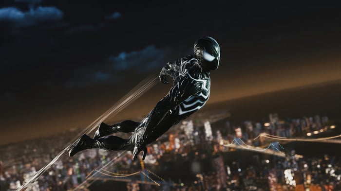 Spider-Man in Black Suit Flying Over City 4K