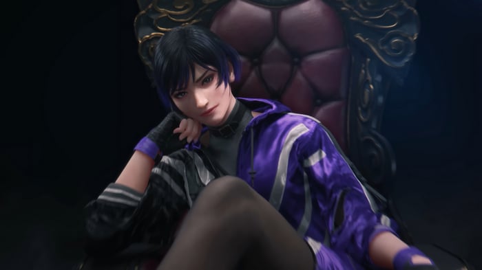 Reina from Tekken 8 sitting on a throne