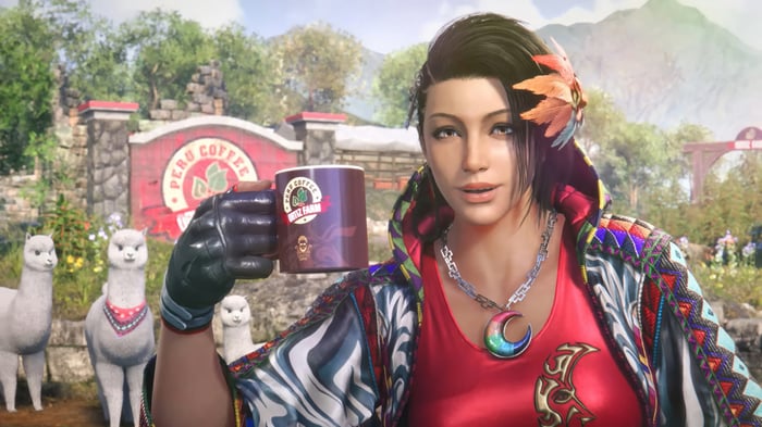 Azucena holding a coffee mug at Peru Coffee Farm in Tekken 8 4K