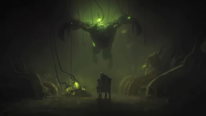 Arcane: A monstrous figure hangs suspended above a seated figure