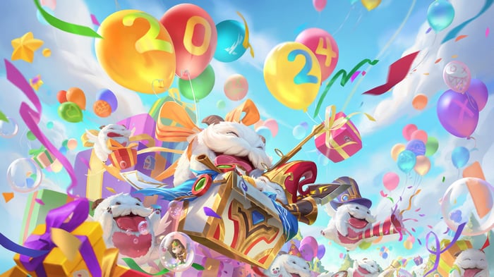 League of Legends Poros Celebrate with Balloons and Gifts