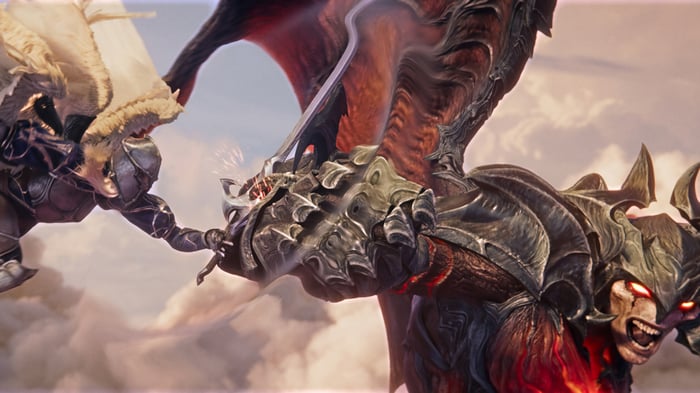 Aatrox and Kayle fighting in League of Legends 4K
