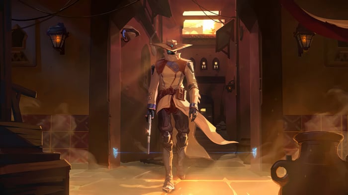 Cypher from Valorant in a desert alley
