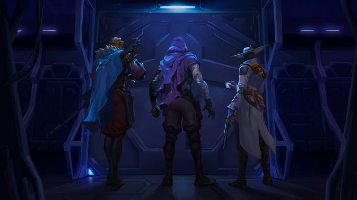 Valorant: Sova, Omen, and Cypher in a Sci-Fi Setting 4K