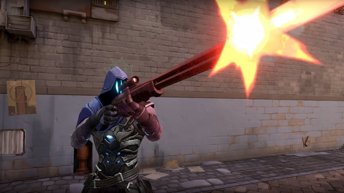 Omen from Valorant firing a sniper rifle