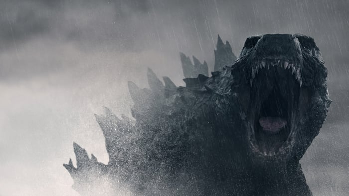 Godzilla roaring in the rain 4K