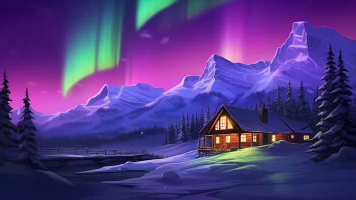 Aurora Borealis over a winter cabin and mountains 4K