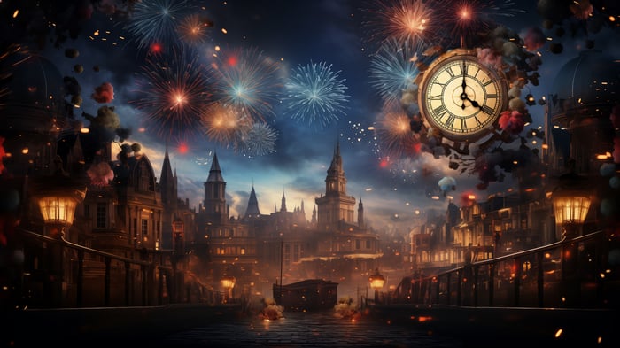 New Year Fireworks Over a City at Night