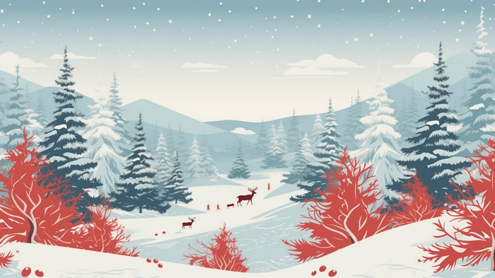 Winter forest scenery with deer and snow