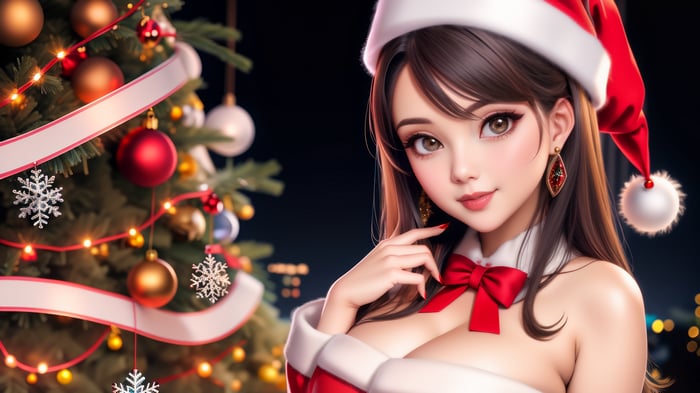 Anime Girl in Santa Outfit by Christmas Tree 4K