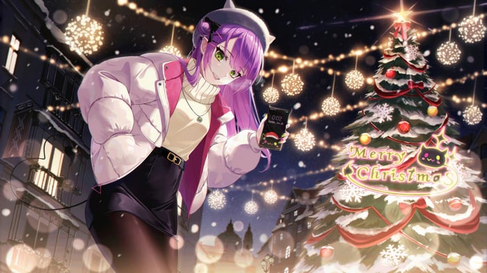 Anime Girl in Winter Clothes Holding Phone with Christmas Tree