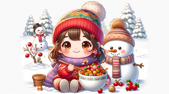 Cute Girl and Snowman in Winter