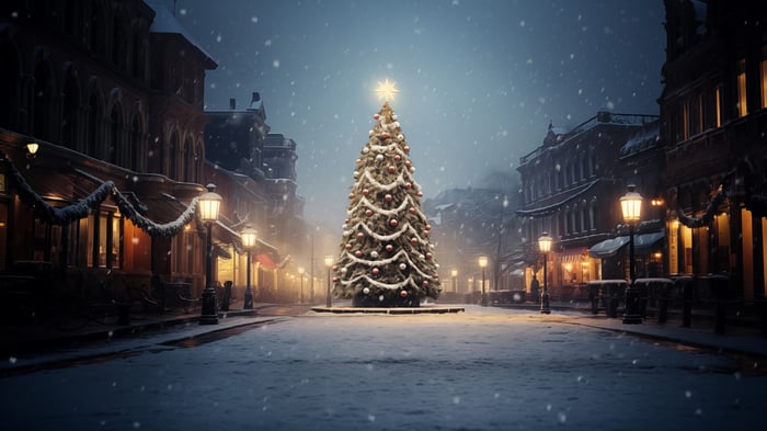 Christmas Tree in a Snowy Town