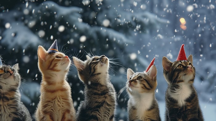 Kittens in Party Hats Watching Snowfall 4K