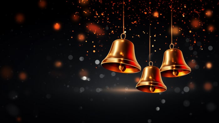 Golden Christmas Bells with Bokeh Lights 4K